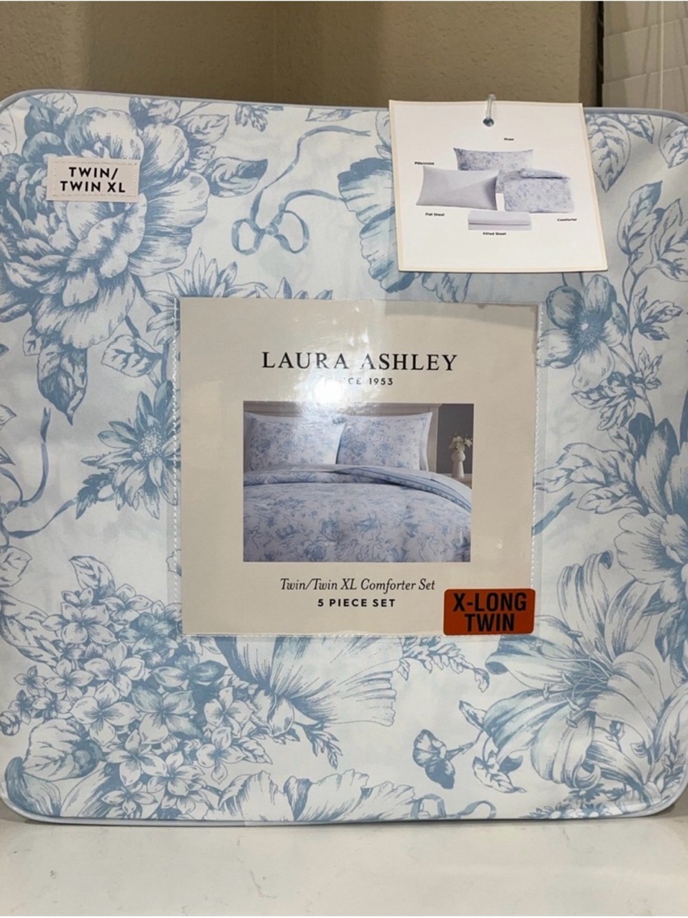LAURA ASHLEY 5 PIECE BLUE BOW  DELPHINE  SHABBY CHIC SIZE TWIN XL COMFORTER SET